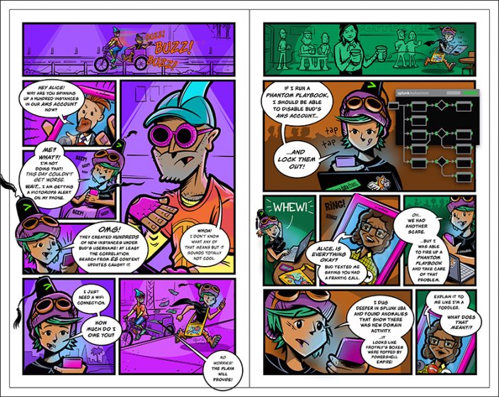 Splunk - A spread from the graphic novel "Through the Looking Glass Window"